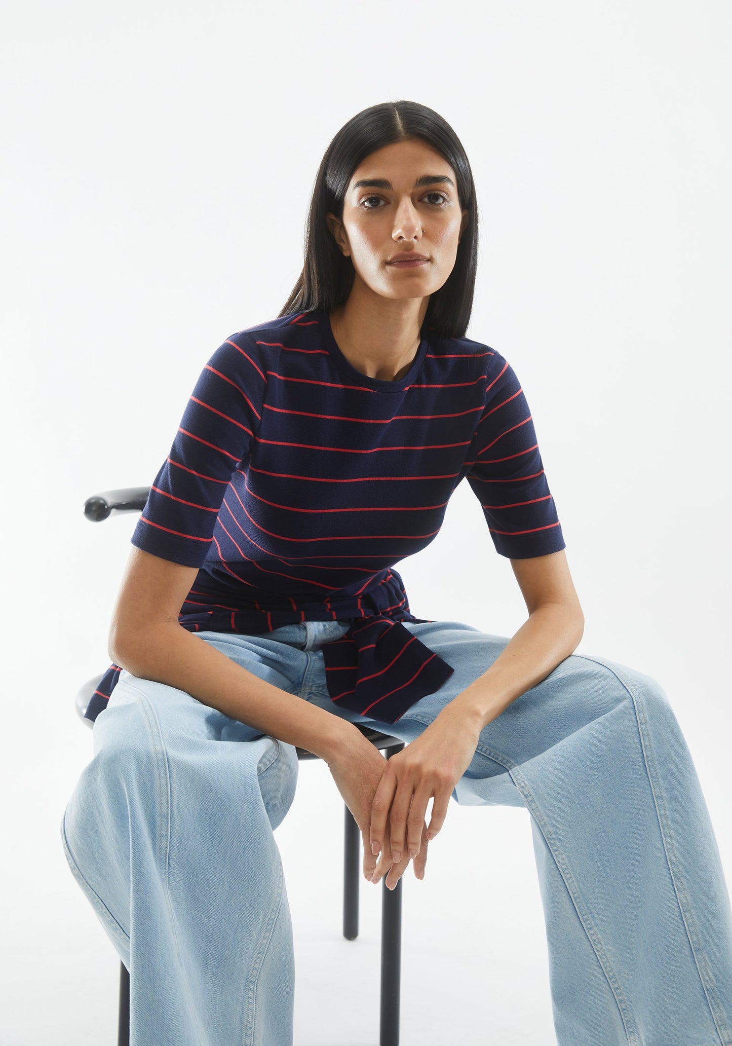 Jaanisara Fine Stripe T-Shirt - Tinted Navy/Candy Apple