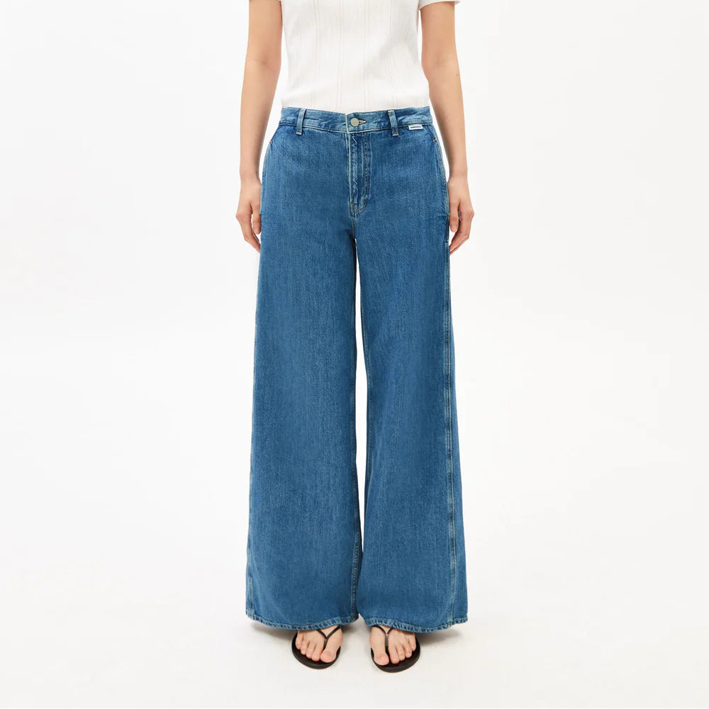 Linen Blend Loose Denim Pants - Sea Salt