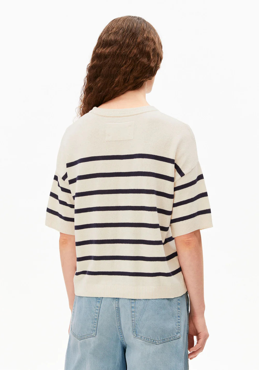Striped Linen Blend Short Sleeve Sweater - Undyed/Tinted Navy