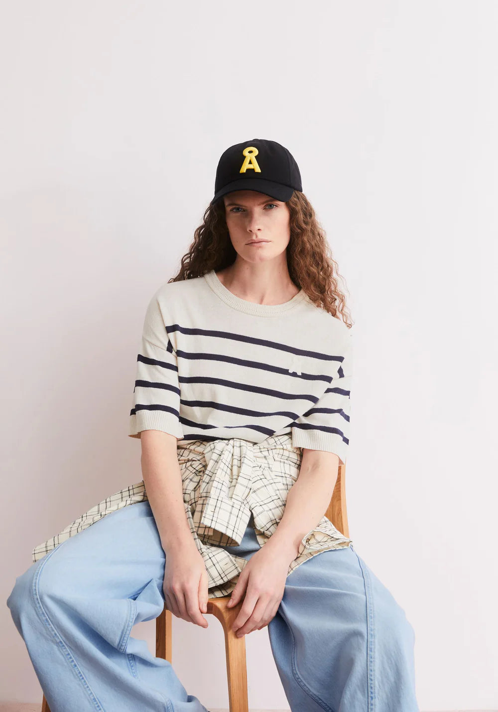 Striped Linen Blend Short Sleeve Sweater - Undyed/Tinted Navy