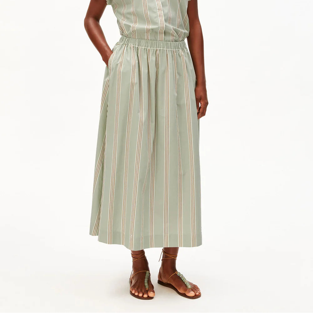 Striped A-line Midi Skirt - Oatmilk/Dried Palm