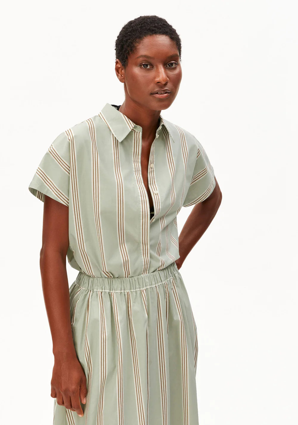Larisaana Striped Poplin Blouse - Oatmilk/Dried Palm