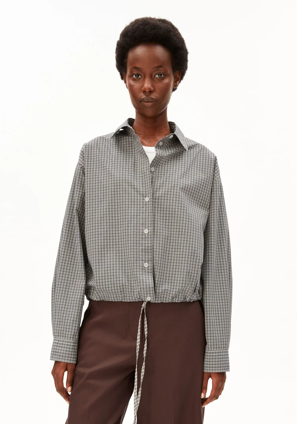 Mini Check Drawstring Blouse - Night Sky / Oatmilk