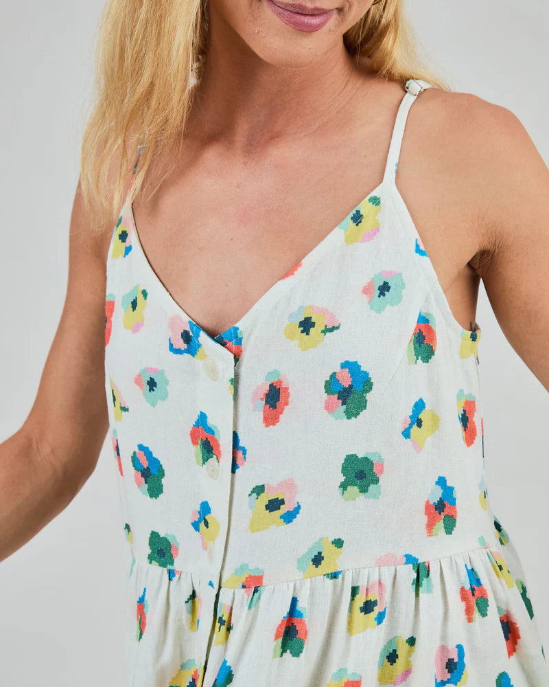 LAST ONE in S - Strappy Loose Dress - Mini Flowers Ecru
