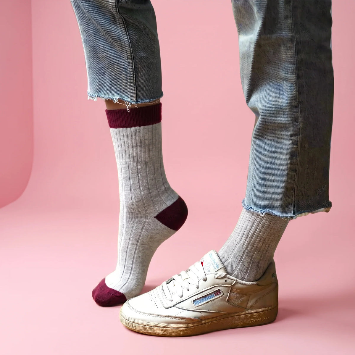 Merino Wool Socks with Bands - Sand/Burgundy