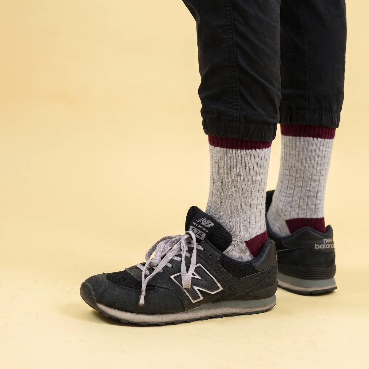 Merino Wool Socks with Bands - Sand/Burgundy