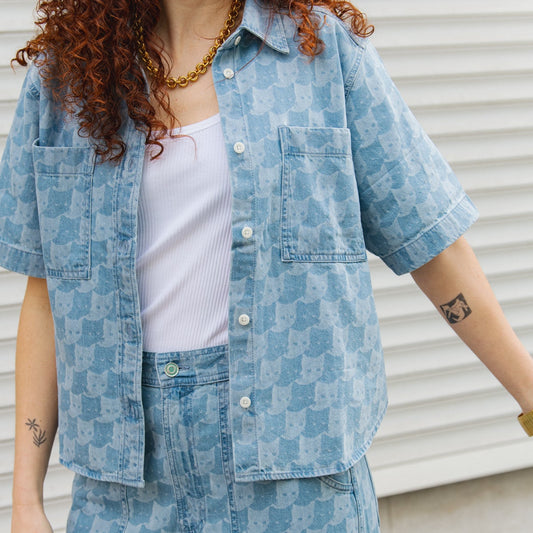 LAST ONES in S - Stensvik Shirt Pepita Cats - Light Blue