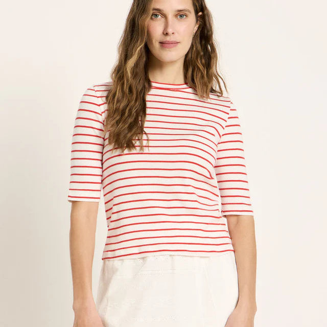 LAST ONE IN 40- Half Sleeve Striped Top - Creme/Lava Red