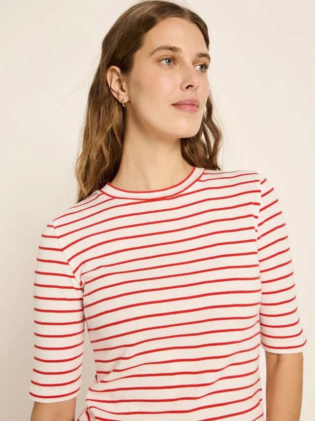 LAST ONE IN 40- Half Sleeve Striped Top - Creme/Lava Red