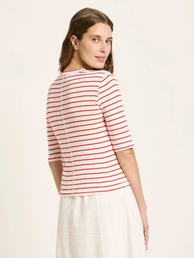 LAST ONE IN 40- Half Sleeve Striped Top - Creme/Lava Red