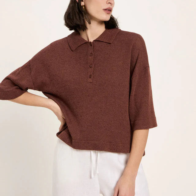 LAST ONE IN 38- Short-Sleeved Knitted Polo Shirt - Dark Mocca