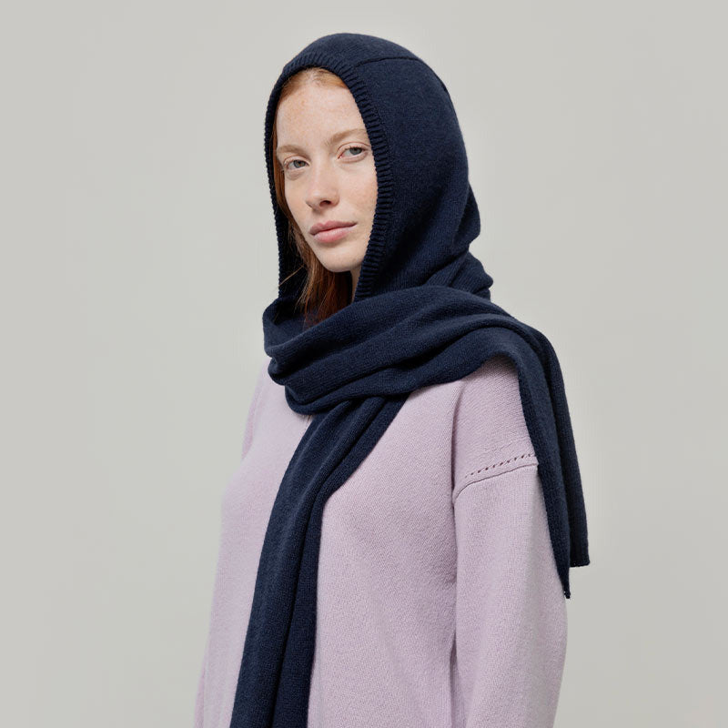 Ilenia Recycled Cashmere Scarf-Hoodie -  Blue Mora
