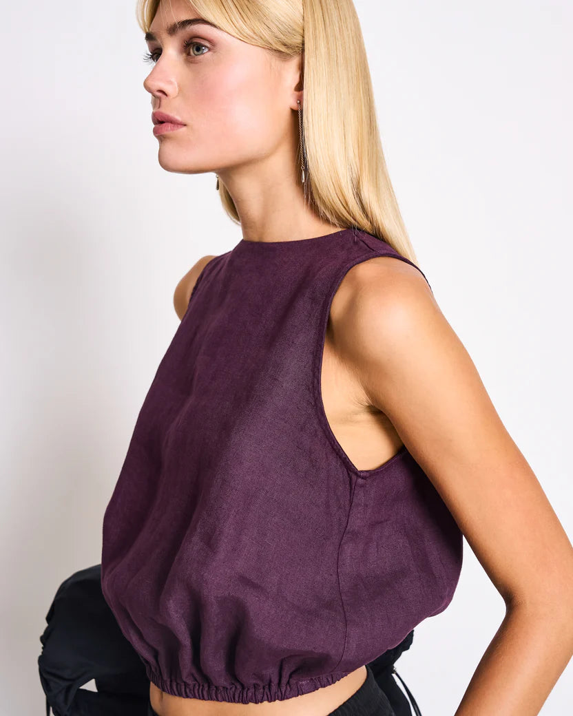 LAST ONE in XS - Lupin Cropped Linen Top - Cherry Lacquer