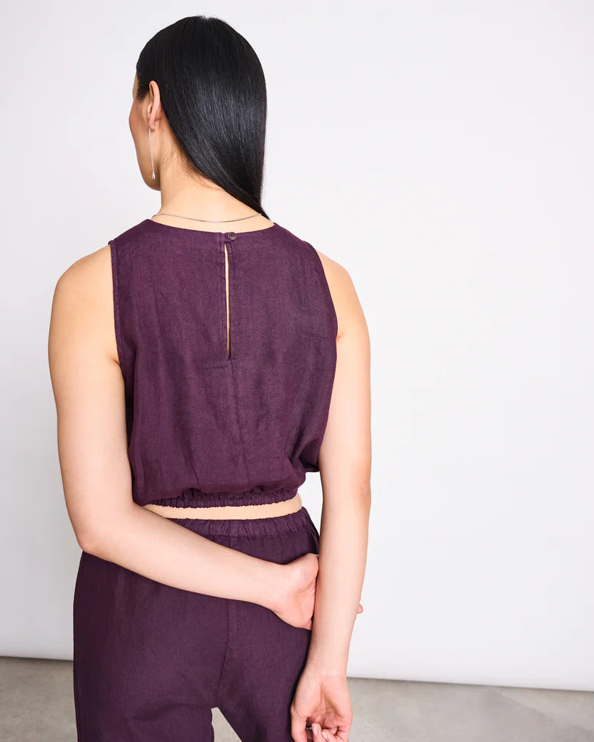 LAST ONE in XS - Lupin Cropped Linen Top - Cherry Lacquer