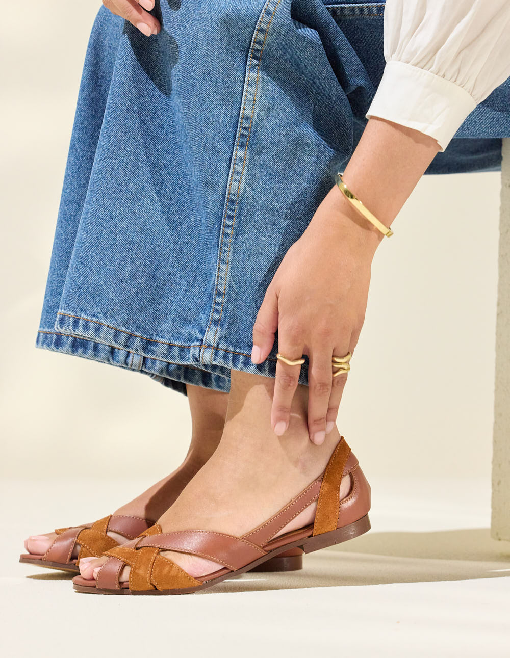 Clémentine Sandals - Cognac Leather and Suede